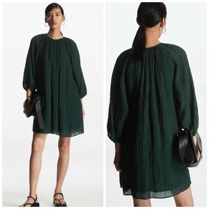 Cos Puff-sleeve Seersucker Dress Dark Green Size 2